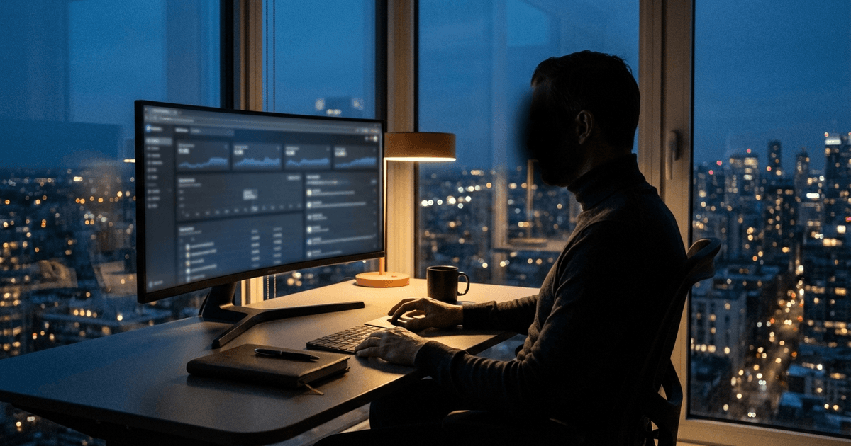 Silhouette of an operator in a dim modern corner office with a city skyline