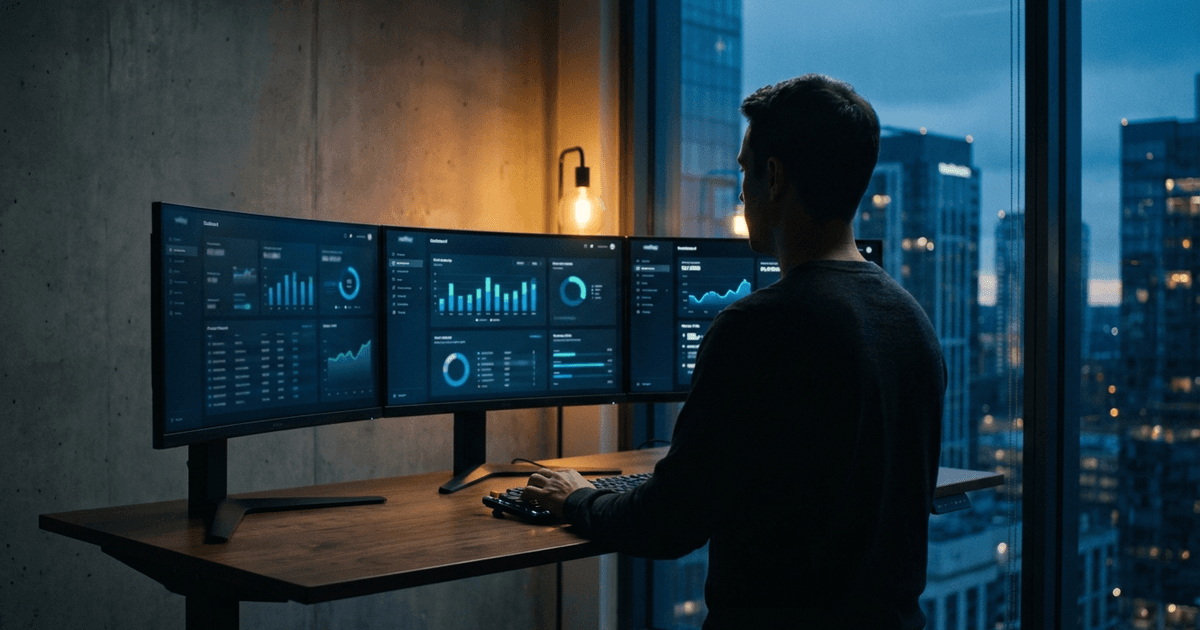 Operator working in a dark premium SaaS workspace at dusk